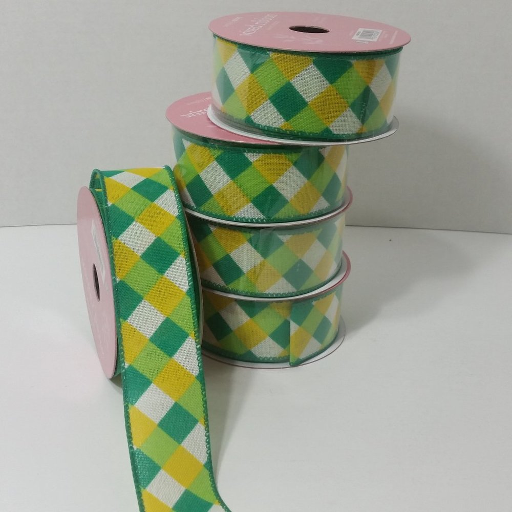 5 Rolls Wired Ribbon Green Yellow White Checkered